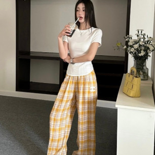 샤넬 26 옐로우 체크 밴딩 팬츠